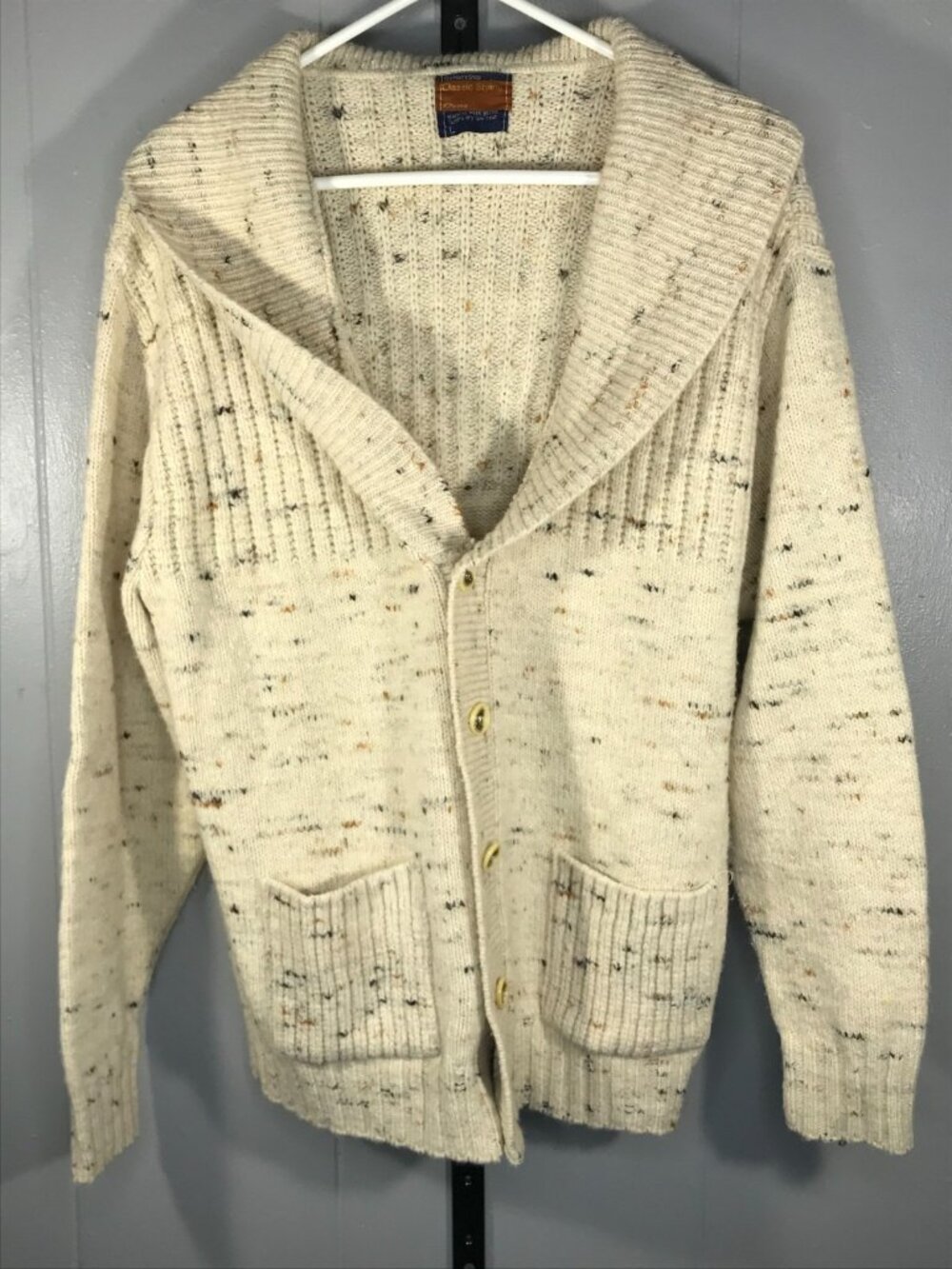 Vintage JC penny Mens Cream Wool Cable Knit Shawl Collar Cardigan Sweater L USA